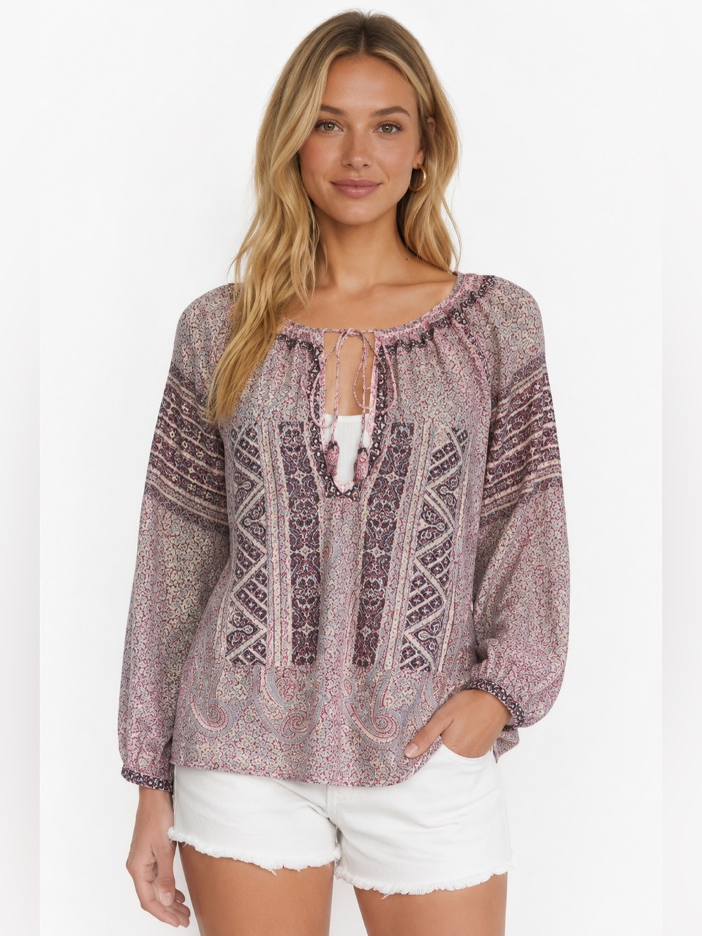 Calypso St Barth Beldisa Paisley Top Apple Embroidered Peasant Blouse Tassel M